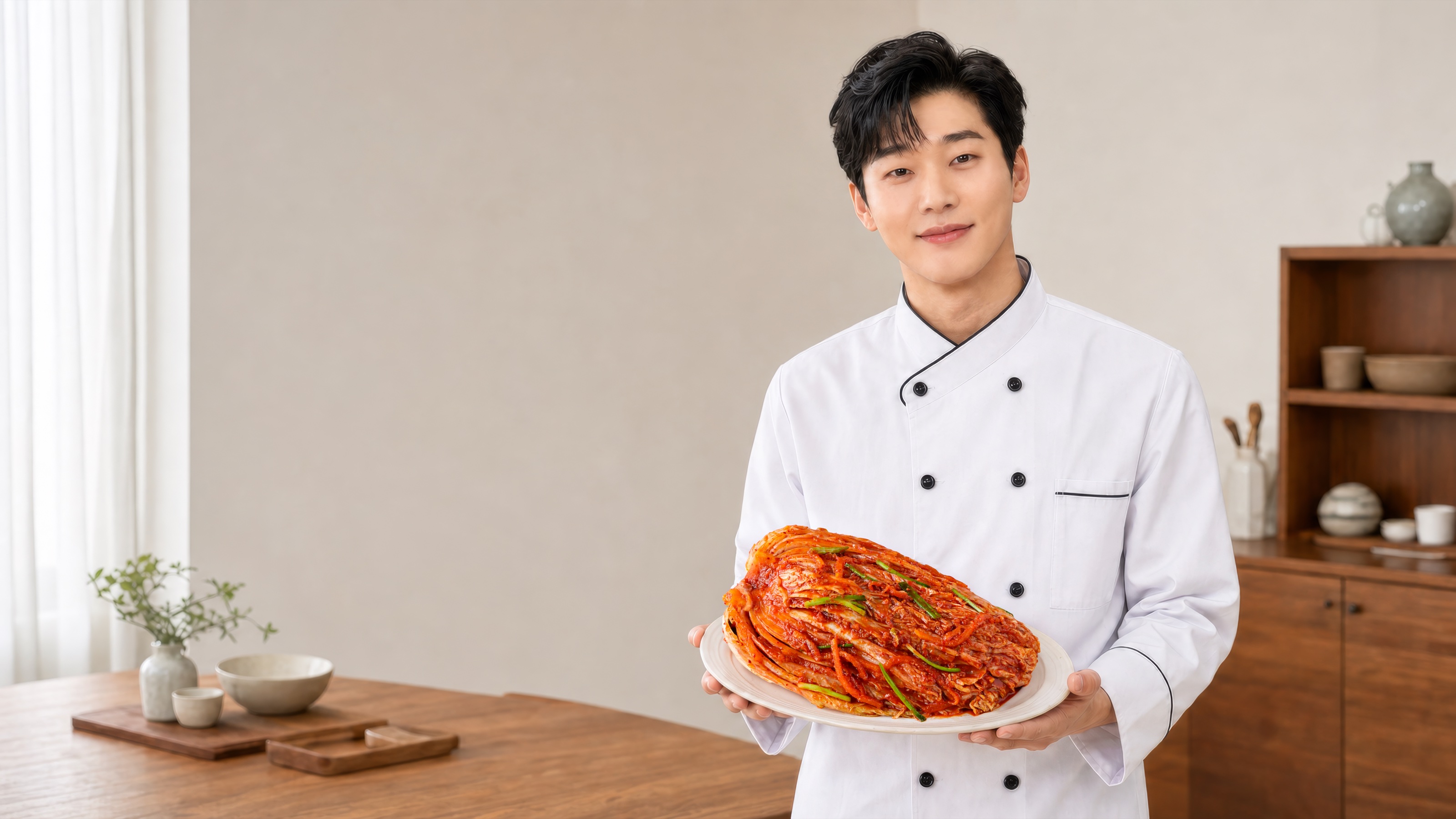 포기김치 한 접시를 들고 있는 베테랑김치 셰프