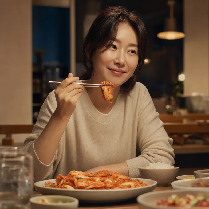 식탁에서 젓가락으로 김치를 든 사람과 김치 한 상